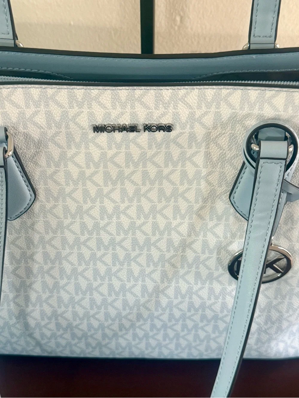 Michael Kors White and Light Blue Monogram Ombre Tote